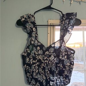 Floral Ruffle Sleeve Top - Black and White